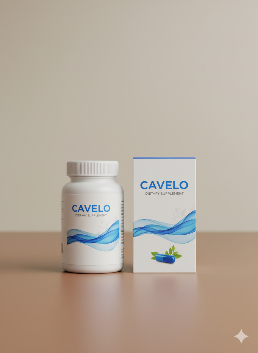 Cavelo dietary supplement bottle and packaging on a neutral surface